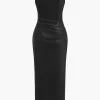 Faux Leather V-neck Ruched Maxi Dress>MICAS Fashion