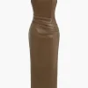Faux Leather V-neck Ruched Maxi Dress>MICAS Fashion