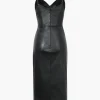 Faux Leather V-Neck Ruched Slit Midi Dress>MICAS Best