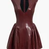 Faux Leather V-neck Ruched Mini Dress>MICAS Sale