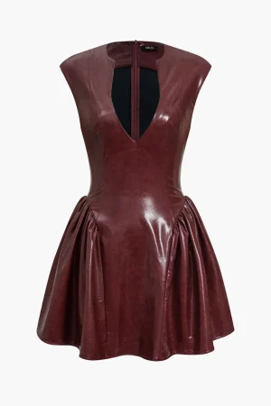 Faux Leather V-neck Ruched Mini Dress>MICAS Sale