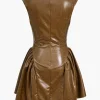 Faux Leather V-neck Ruched Mini Dress>MICAS Sale