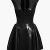 Faux Leather V-neck Ruched Mini Dress>MICAS Sale