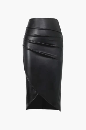 Faux Leather Wrap Ruched Midi Skirt>MICAS Outlet