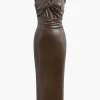 Faux Leather Wrap Sleeveless Ruched Slit Midi Dress>MICAS New