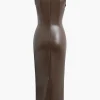 Faux Leather Wrap Sleeveless Ruched Slit Midi Dress>MICAS New