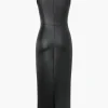Faux Leather Wrap Sleeveless Ruched Slit Midi Dress>MICAS New