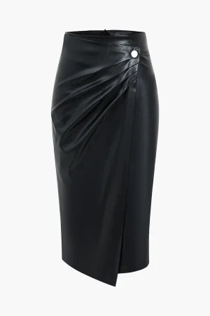 Faux Leather Wraped Midi Skirt>MICAS Online