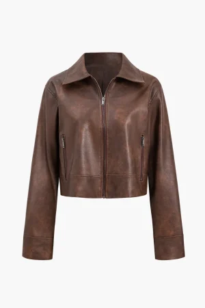 Faux Leather Zipper Long Sleeve Jacket>MICAS Clearance