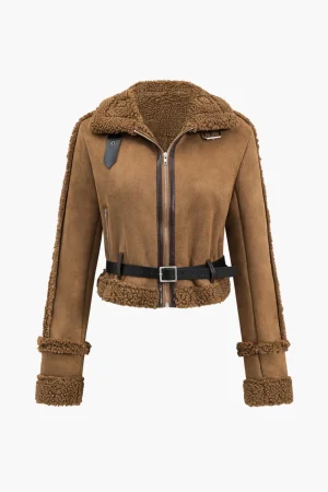 Faux Suede Belted Zipper Long-Sleeve Jacket>MICAS Clearance