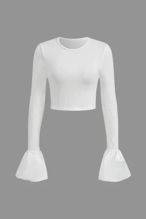 Flared Cuff Textured Long Sleeve Crop Top>MICAS Sale