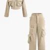 Fleece Collar Flap Pocket Zip Up Long Sleeve Top And Straight Leg Cargo Pants Set>MICAS Fashion