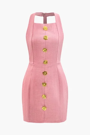 Floral Button Halter Neck Backless Mini Dress>MICAS Fashion