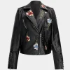 Floral Embroidery Faux Leather Zipper Long Sleeve Jacket>MICAS Discount