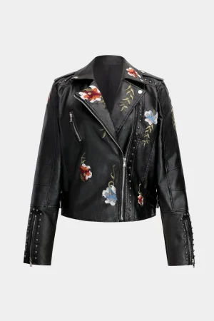 Floral Embroidery Faux Leather Zipper Long Sleeve Jacket>MICAS Discount