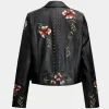 Floral Embroidery Faux Leather Zipper Long Sleeve Jacket>MICAS Discount