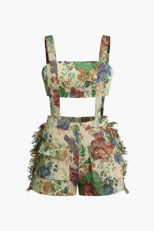 Floral Pattern Fringe Tube Top And Pocket Shorts Set>MICAS Hot