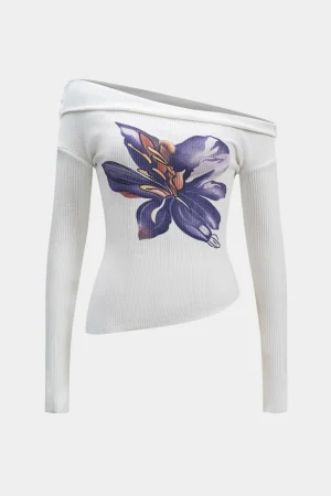 Floral Print Asymmetrical Long-Sleeve Top>MICAS Discount