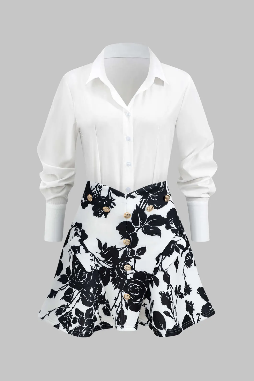 Floral Print Buttoned Long-Sleeve Shirt And Skirt Set>MICAS Online