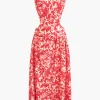 Floral Print Criss Cross Backless Slit Midi Dress>MICAS Online