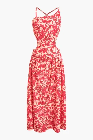 Floral Print Criss Cross Backless Slit Midi Dress>MICAS Online
