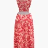 Floral Print Criss Cross Backless Slit Midi Dress>MICAS Online
