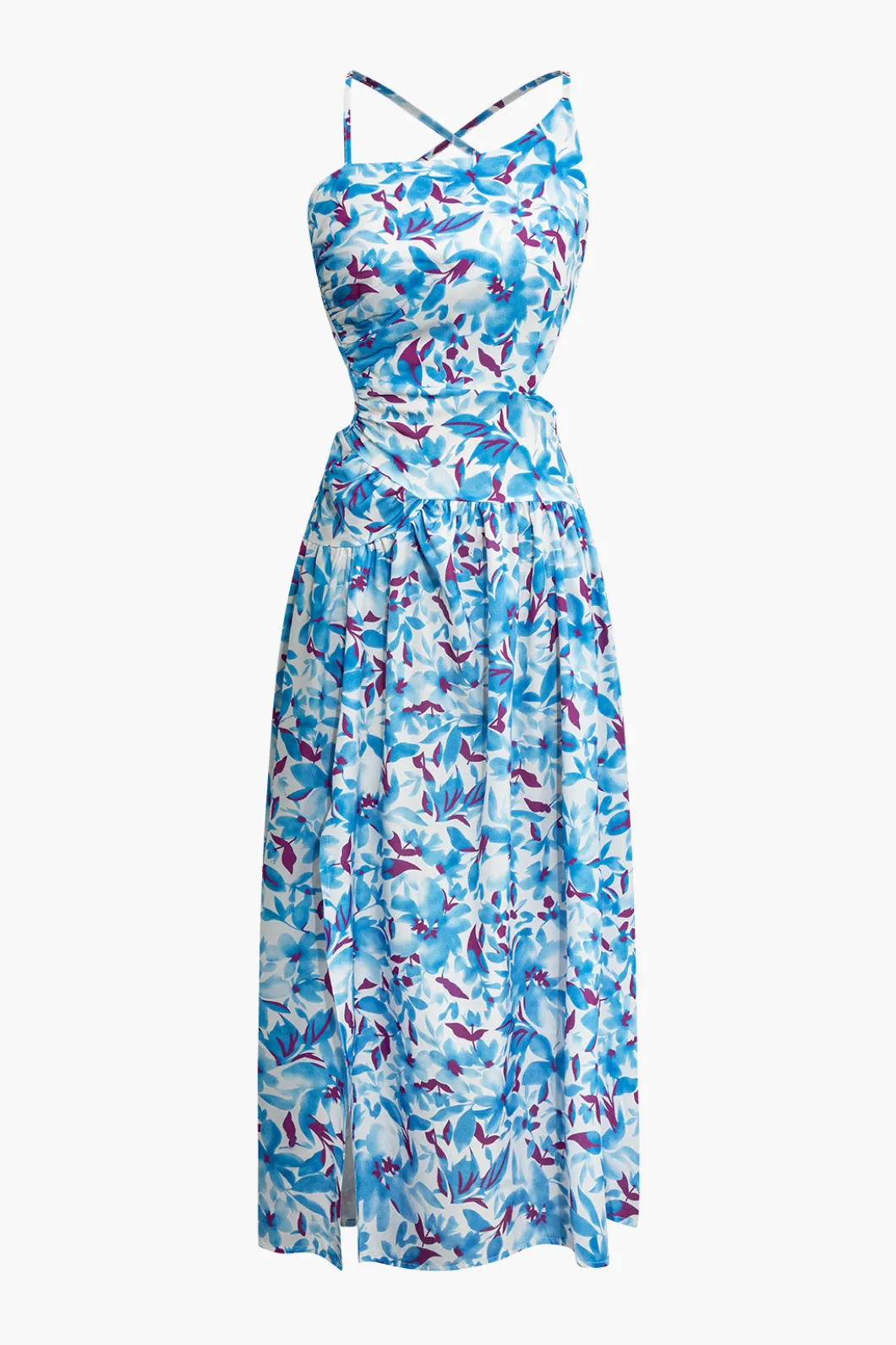 Floral Print Criss Cross Backless Slit Midi Dress>MICAS Online