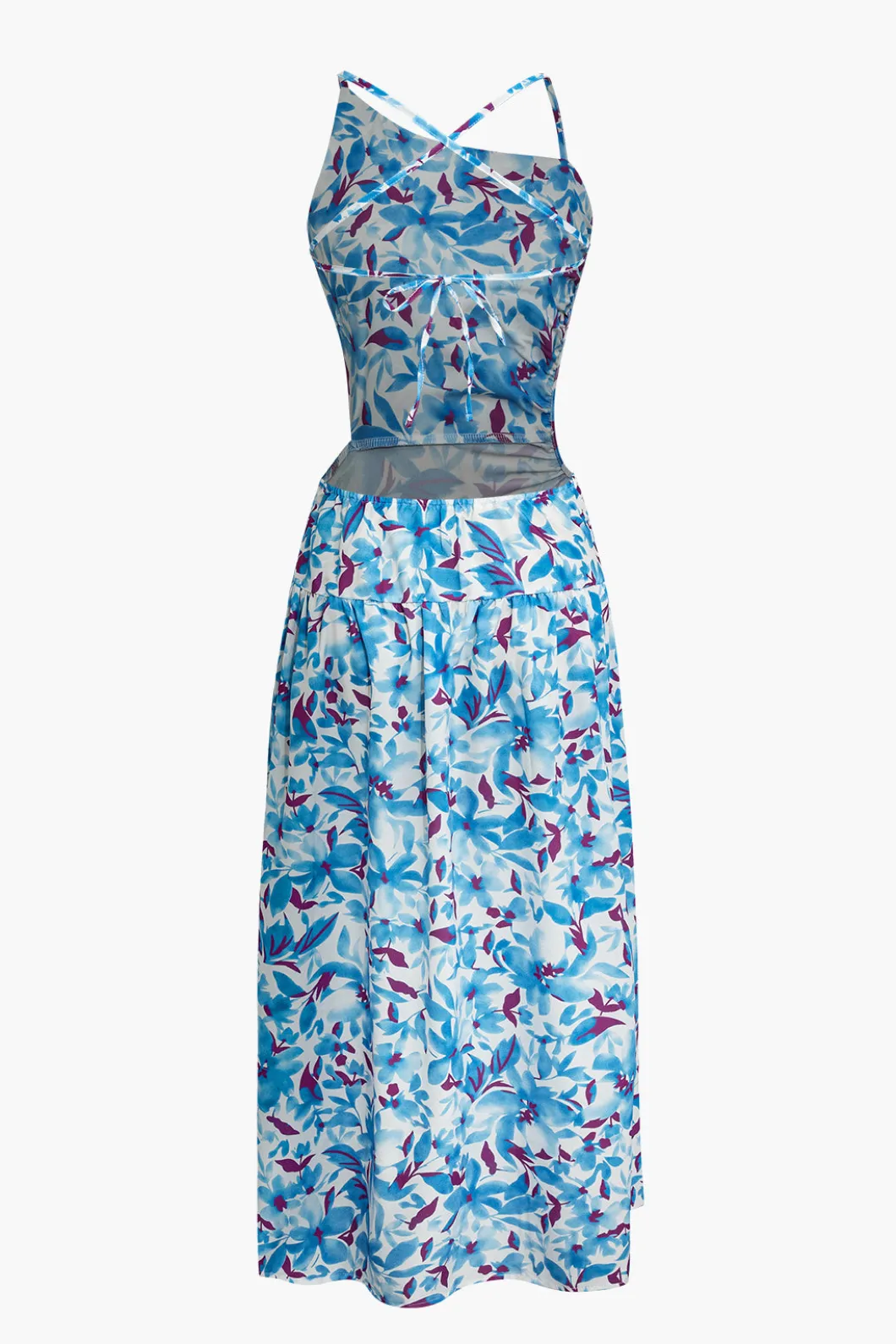 Floral Print Criss Cross Backless Slit Midi Dress>MICAS Online