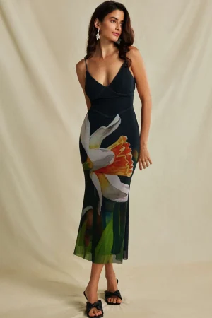 Floral Print Crisscross Back Mesh Slip Midi Dress>MICAS Sale
