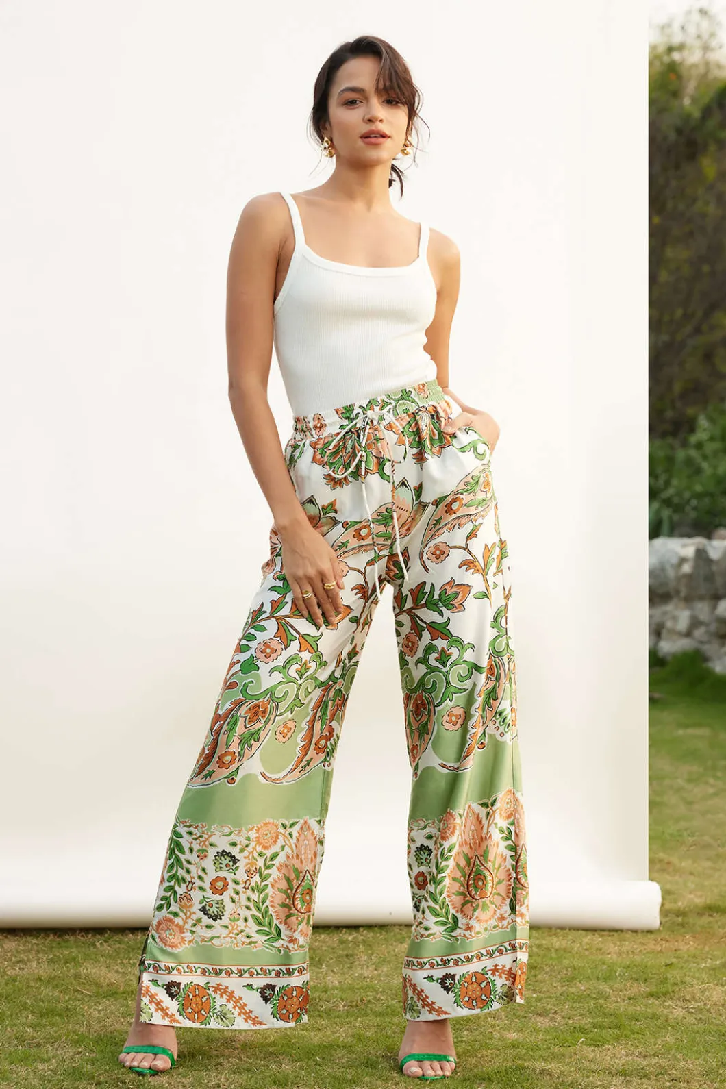 Floral Print Drawstring Slit Wide Leg Pants>MICAS Best