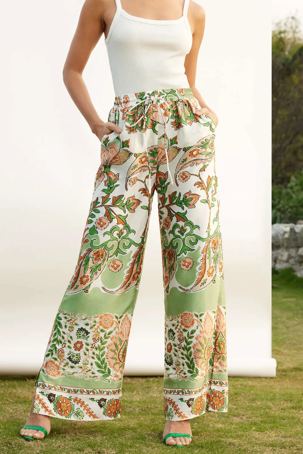 Floral Print Drawstring Slit Wide Leg Pants>MICAS Best