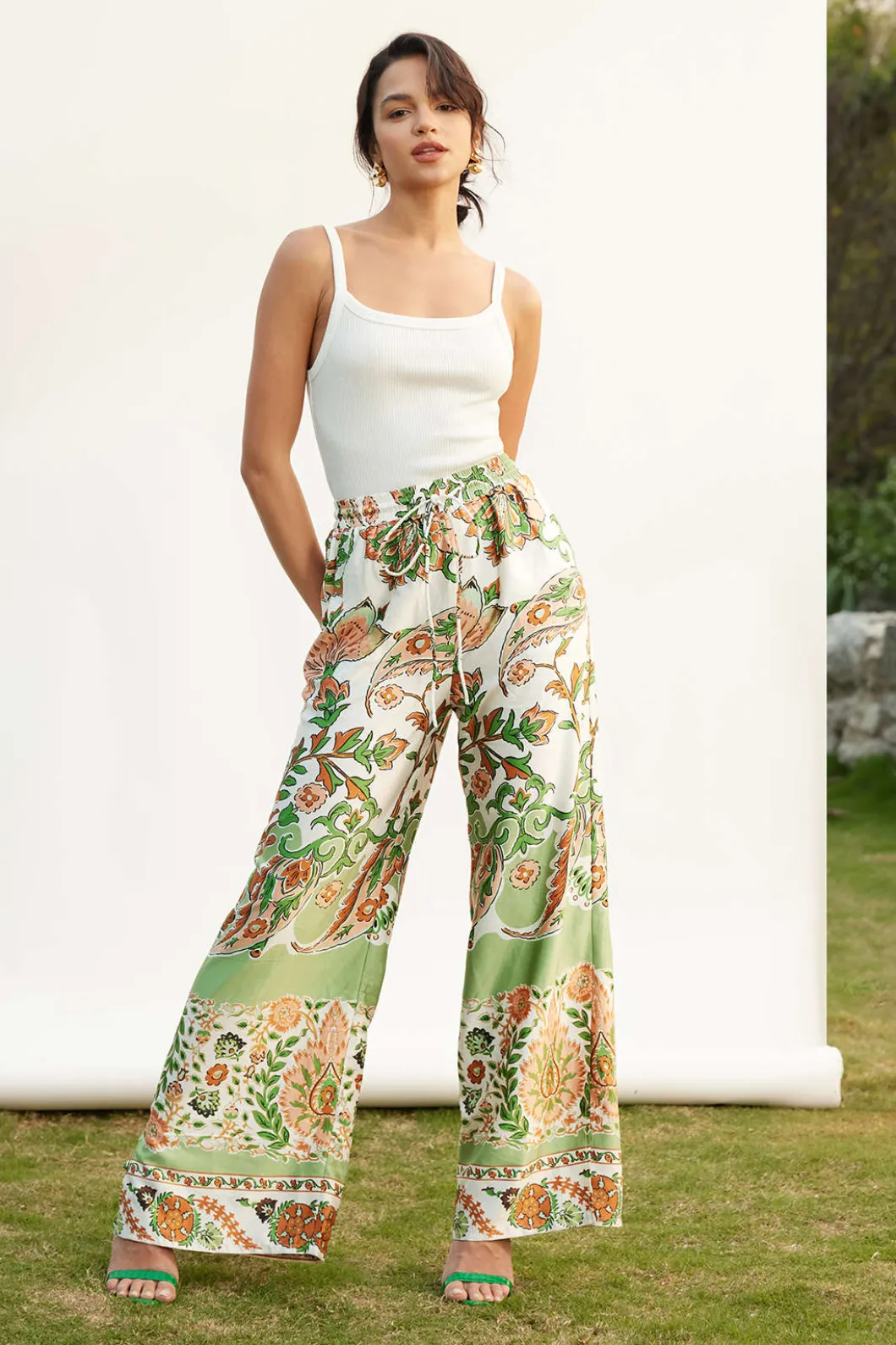 Floral Print Drawstring Slit Wide Leg Pants>MICAS Best