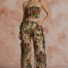 Floral Print Fringe Tie Back Tube Top And Button Pocket Trouser Set>MICAS New