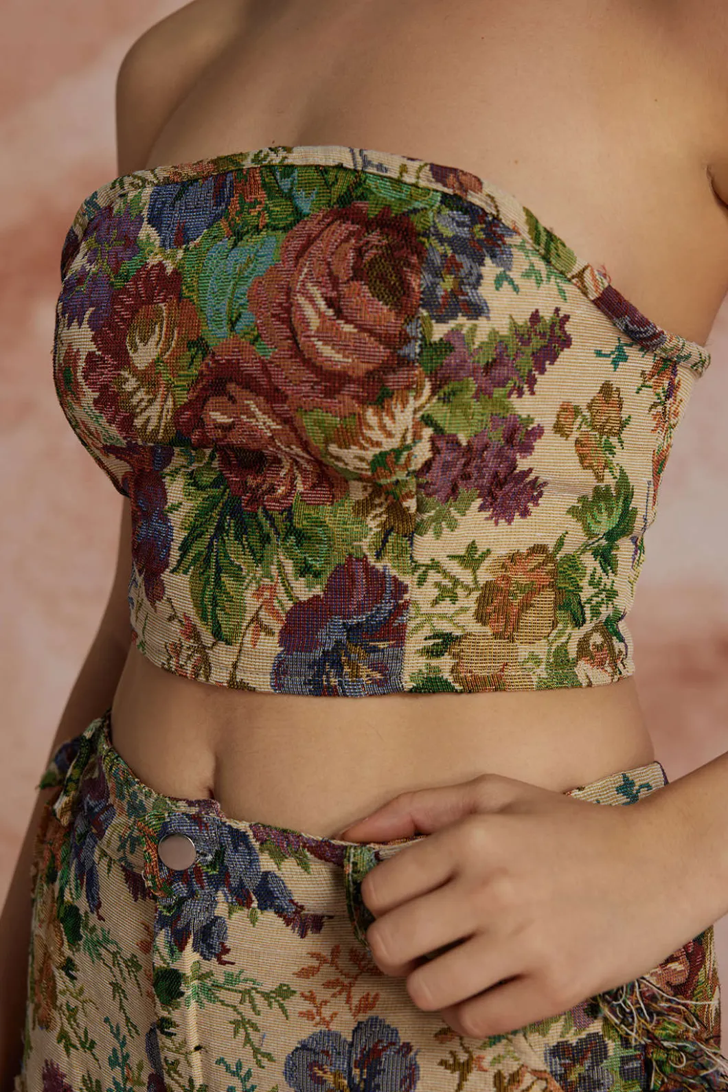 Floral Print Fringe Tie Back Tube Top And Button Pocket Trouser Set>MICAS New