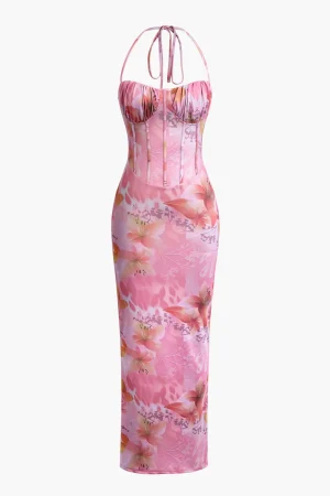 Floral Print Halter Slit Corset Midi Dress>MICAS Hot