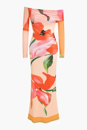 Floral Print Long Sleeve Off-Shoulder Maxi Dress>MICAS Best