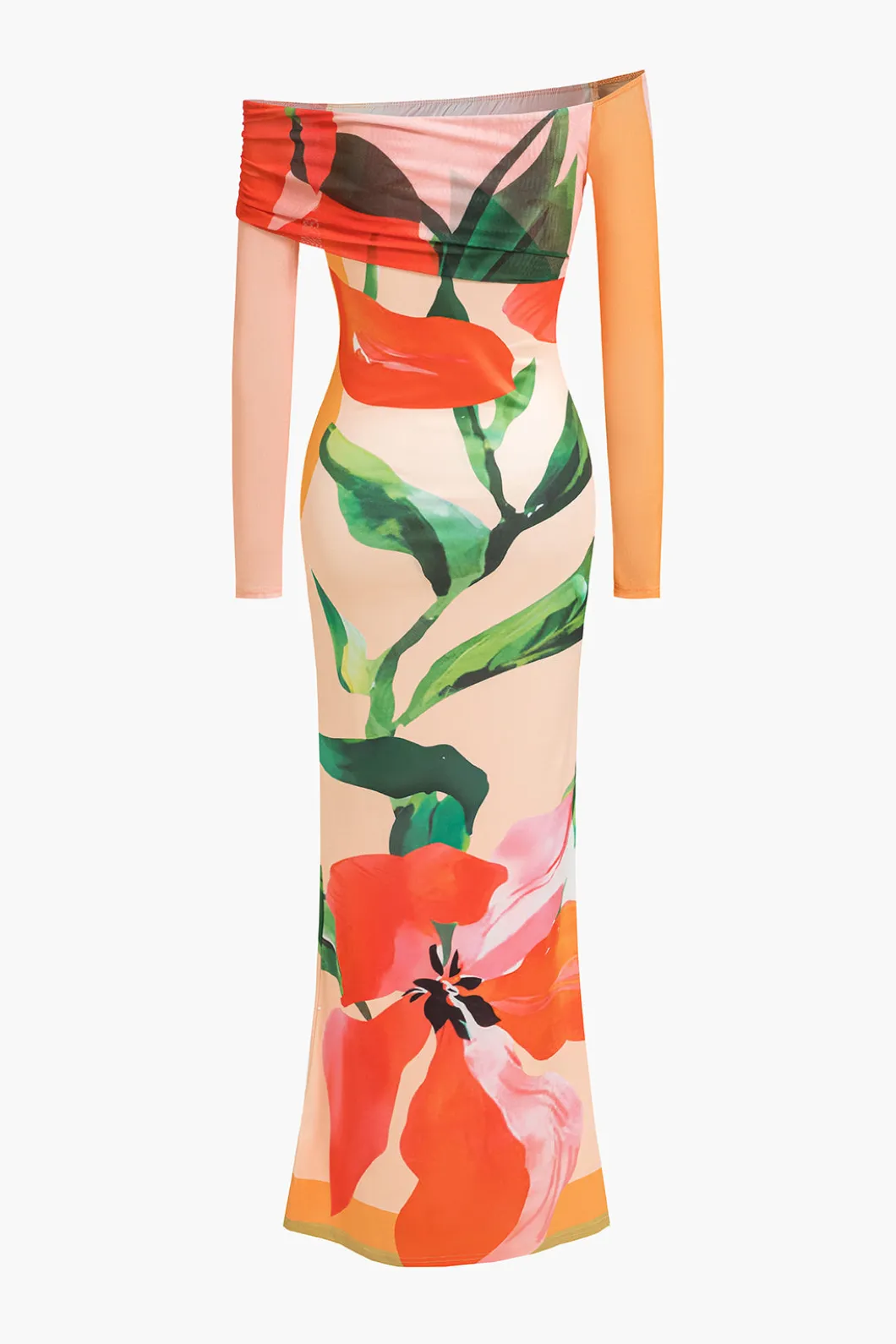 Floral Print Long Sleeve Off-Shoulder Maxi Dress>MICAS Best