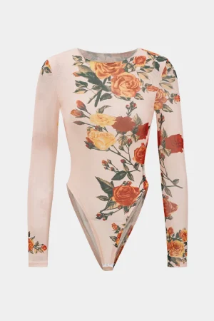 Floral Print Mesh Long Sleeve Bodysuit>MICAS Online