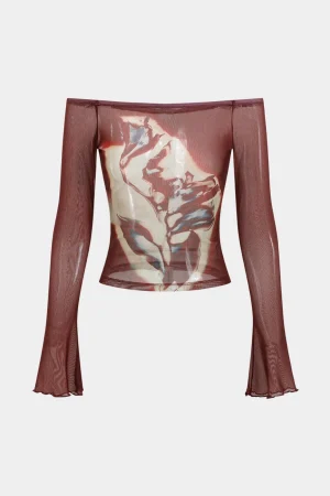 Floral Print Mesh Off-Shoulder Long Sleeve Top>MICAS Best