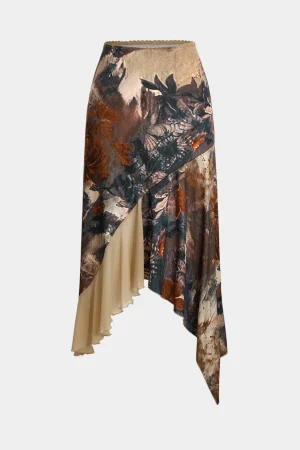 Floral Print Mesh Patchwork Asymmetric Hem Skirt>MICAS Discount