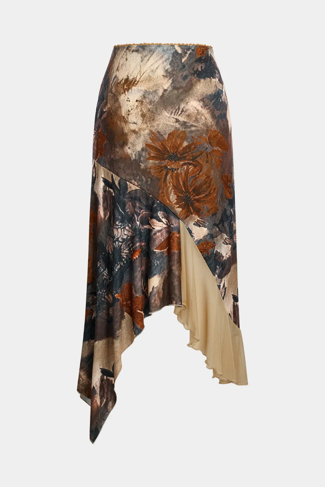 Floral Print Mesh Patchwork Asymmetric Hem Skirt>MICAS Discount