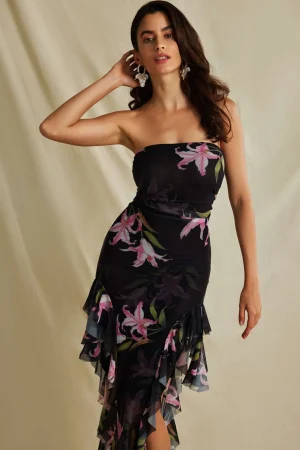 Floral Print Mesh Ruffle Layered Strapless Midi Dress>MICAS Discount