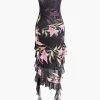 Floral Print Mesh Ruffle Layered Strapless Midi Dress>MICAS Discount