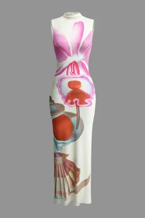 Floral Print Mock Neck Slit Sleeveless Maxi Dress>MICAS Clearance