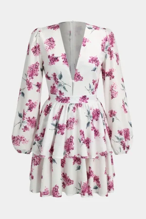 Floral Print Ruffle V-Neck Long Sleeve Mini Dress>MICAS New