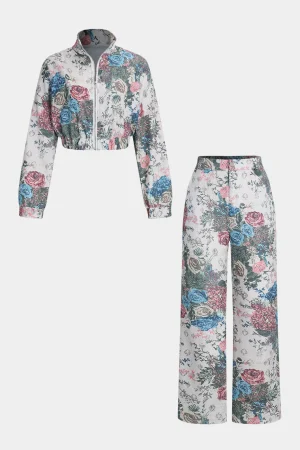 Floral Print Zipper Stand Collar Top And Trousers Set>MICAS Best