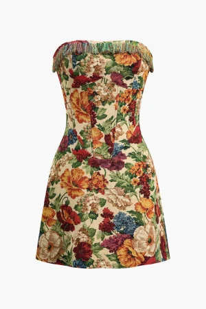 Floral Print Zipper Strapless Mini Dress>MICAS Clearance