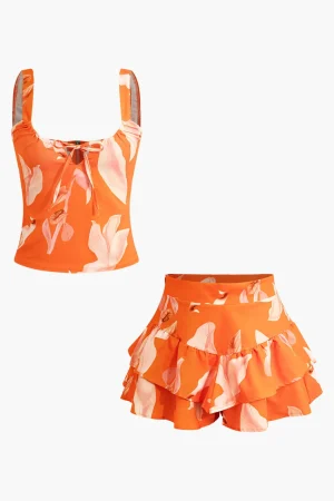 Floral Print Zip-Up Top And Ruffle Skirt Set>MICAS Hot