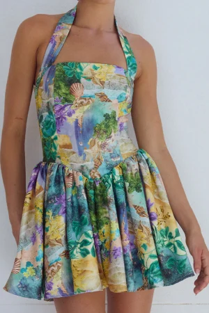 Floral Tropical Print Halter Neck Sleeveless Mini Dress>MICAS Sale