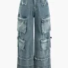 Frayed Pocket Cargo Wide Leg Jeans>MICAS Hot
